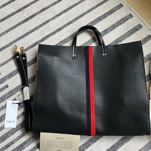 BRAND NEW Clare V Black Perforated Simple Tote w Blue and Red Stripe